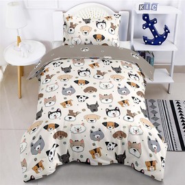 Highdi Toddler Bedding Set, White Animal Cot Bed Duvet Cover Set with 1 Pillow Case, Animal Cat Dog Print Kids Duvet Cover Reversible 2 Side Bedding Set-120 x 150cm