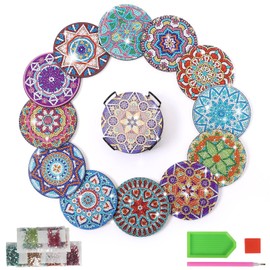 Minnhua 12Pcs Diamond Painting Coasters Diamond Art Coasters with Stand Diamond Arts and Crafts Painting Coasters DIY Mandala Cup Coasters Diamond Painting Kits for Kids Adults Beginners