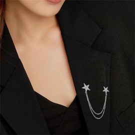 Double Rhinestone Stars Brooch Pin for Women Girls Men Silver Gold-Toned Fashion Crystal Starles Tassel Chain Brooches Lapel Pins Dress Accessories Dainty Dancing Party Ceremony Banquet Decor Jewelry (Silver)