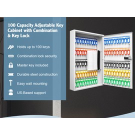 Barska 100 Position Combination Key Lock Box – Wall Mount Steel Key Cabinet with Adjustable Numbered Hooks, Index Log, Colored Tags for Office or Business