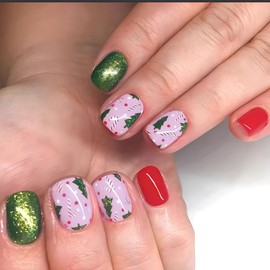 Christmas Press on Nails Short Red Green Glitter Fake Nails Square False Nails with Christmas Tree Candy Designs Acrylic Nails Xmas Glue on Nails Glossy Short Artificial Nails Stick on Nails for Women