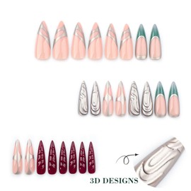 IMRAIN Long Press on Nails Stiletto French Tips Fake Nails with 3D Chrome Silver Designs Wine Red & Green Full Cover Artificial Glossy Glue on False Nails for Women 24Pcs Almond Stick on Nails