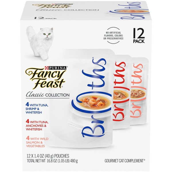 Purina Fancy Feast Limited Ingredient Wet Cat Food Complement Variety Pack, Broths Classic Collection - (12) 1.4 oz. Pouches