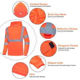 ProtectX 3-Pack Men's High Visibility Heavy Duty Breathable Long Sleeve Reflective Safety T-Shirts for Work Warehouse Construction, Class 3 Type R, Hoodie Orange XX-Large
