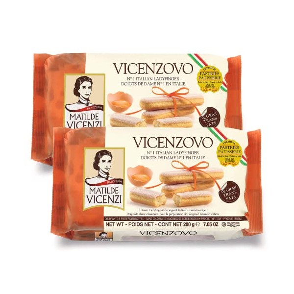 Matilde Vicenzi Vicenzovo Ladyfingers - Classic Italian Ladyfinger Biscuits for Tiramisu - Tray of 12 All-Natural, Kosher, Dairy Cookies - All Natural Pastries Baked In Italy - 7.05 oz (200g), 2 Pack