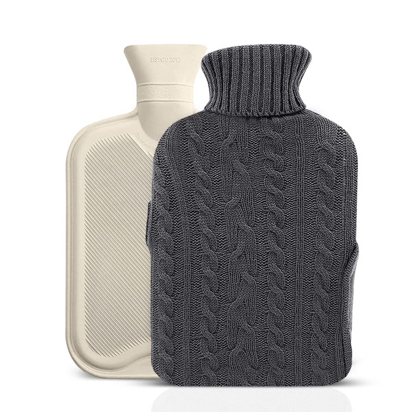 2L Wärmflasche mit Bezug & 2 integrierten Taschen – weicher gestrickter Wärmflaschenbezug grau – auslaufsichere Gummi-große Wasserflasche 2 Liter Tasche für Schmerzlinderung, Nacken und Schulter