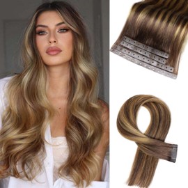 Hanne Fashion Glueless Remy Human Hair Extensions Invisible PU Tape in Weft Hair Extensions with Holes T4/27 Highlight Honey Blonde Human Hair Extension for Women (18 Inch, 4Pcs, 35g)