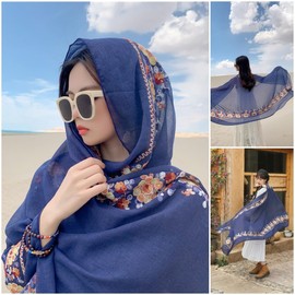 Lutesa Women's Large Stall, Ethnic Style, Embroidered, Floral Pattern, Scarf, Spring/Summer, Stylish, Thin, Office, Cooling Protection, Sun Protection, UV Protection, Travel, Seaside, Gift, navy