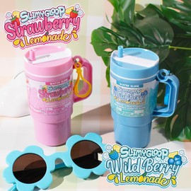 Lemonade Tumbler Bundle, 2-Pack Scented Slimes - Blue Raspberry & Pink Strawberry, Kids Slime Party Favors (8-12), Kit