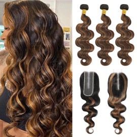 MOMOSHERO Brown Highlight Body Wave 3 Bundles with 2 x 6 HD Lace Closure Human Hair 10 12 14+10 In