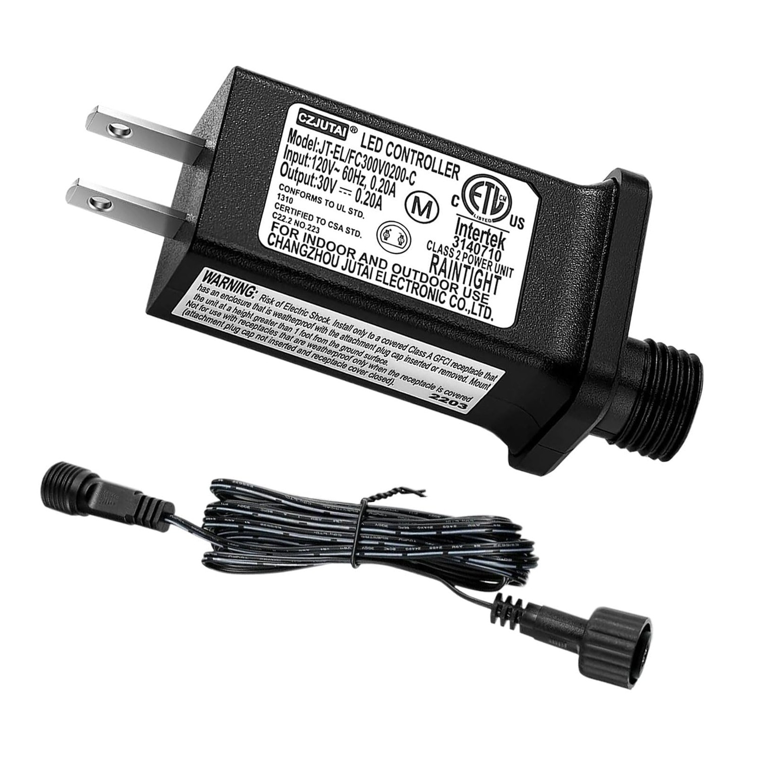 30V 0.12A LED Controller With 8 Modes – JT-EL/FC300V0120-C Class 2 Power Supply, IP44 Rainproof Transformer, US Plug