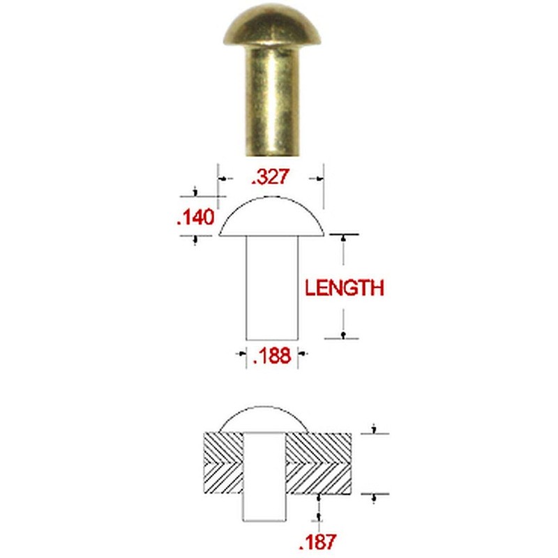 3/16" X 1/2" Solid Brass Round Head Rivet, .335 Head