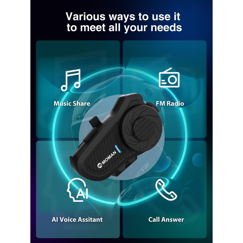 Moman Motorcycle Intercom, H2 Pro【2 Pack Carbon】 Helmet Headset Wireless