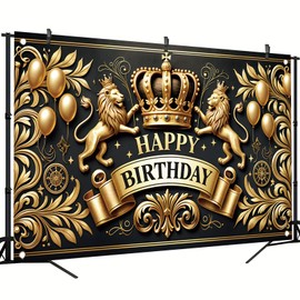 Starlit Patio Elegant Gold Crown Lion Birthday Backdrop Banner Balloons Ribbons Decorative Photography Background for Celebrations Royal Birthday Decoration for Events Photo Booths 71 x 43 inch