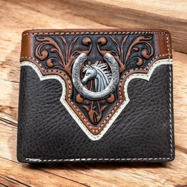 Western Stakes Mens Wallet Floral Tooled Horse Horseshoe Concho Embossed Cowboy Western Leather Wallet High End Leather Mens Wallets Leather Rodeo Gifts For Men (Coffee)