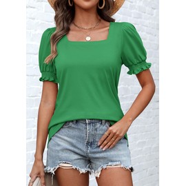 ATHMILE Square Neck Tops for Women Trendy Summer Cute Dressy Casual Ruffle Trim Sleeve Tshirts Fashion Clothes 2025 Green