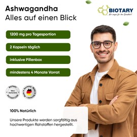Biotary Ashwagandha 260 Capsules 1200 mg per Daily Serving Extract with 10% Withanolides Including Pill Box Over 4 Months Supply of 2 Capsules Daily 100% Vegan Tested Quality