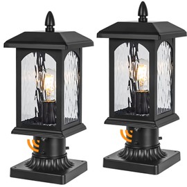 2 Packs Dusk to Dawn Outdoor Post Light with Pier Mount Base - Hard Wired Pole Outdoor Lighting, Waterproof Black Pillar Lantern Outside with Tempered Rippled Glass for Pathway, Garden, Patio