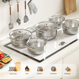 Stainless Steel Cookware Set, 12 Piece Kitchen Induction Cookware Set, Works with Induction/Electric and Gas Cooktops, Kitchen Cooking Set with Glass Lid (Silver D)