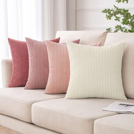 MIULEE Corduroy Cushion Covers Soft Decorative Square Throw Pillow Covers for Spring Cushion Soft Pillowcase Striped Corduroy Cushion Covers Pack of four for Home decor Sofa 18x18 Inch Pink
