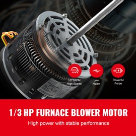 Happybuy 1/3HP Furnace Blower Motor, 110/120V 4.4Amps, 1075RPM 4-Speed, CW/CCW Rotation, 48 Frame, 5.2" Shaft, Includes 5μF/370V Capacitor & 11" Hold Hoop
