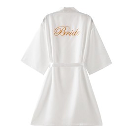 Ieron Elegant V-Neck Bride Satin Dressing Gown for Bridal Wedding Party, Silk Bridal Pyjamas, White, L