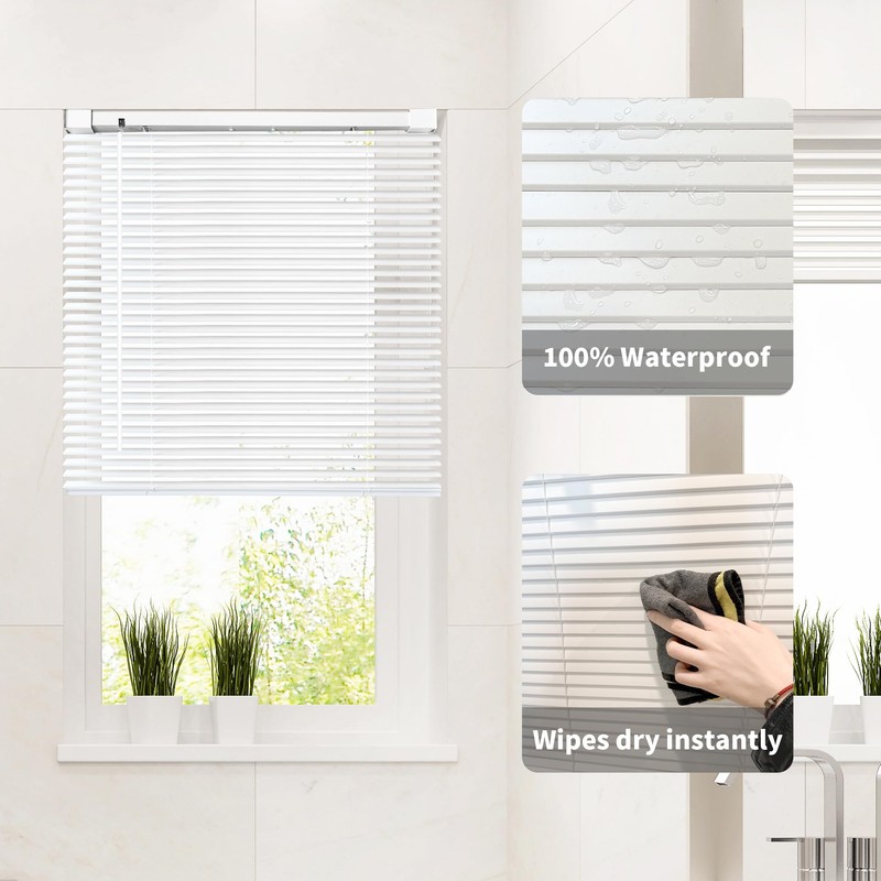 No Drill L-Shaped Vinyl Cordless Mini Blinds,White,23.5" Wx 36" H