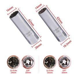 YOUZMY 2 Pieces Spark Plug Wrench Set, Spark Plug Wrench 14mm and Spark Plug Wrench 16mm, 3/8" Drive Thin Wall Spark Plug Socket Wrench 12-Point Design for Cars, Motorcycles (14+16A)