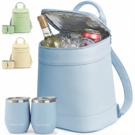 Insulated Cooler Backpack with 2 Stainless Steel Wine Tumblers – Leakproof & Spillproof Stylish Vegan Leather Picnic Cooler Bag – Lightweight & Portable – Holds 24 Cans or 6 Wine Bottles (Blue)