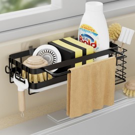 Bonhoom Sink Organiser with Drain Pan - Kitchen Sponge Holder with Dish Cloth Holder and Two Hooks, Metal Hanging Sink Organiser with Dish Brush Holder - No Drilling (Black)