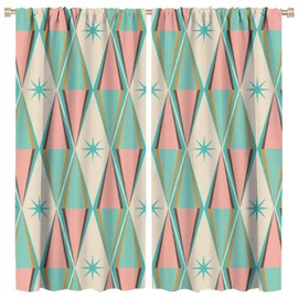 Cortinas atómicas clásico Starburst, rosado, verde, azul, mediados de siglo, 1950, 1960, patrón geométrico moderno de diamantes, tratamientos de ventana con bolsillo para barra opaca para sala de