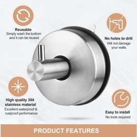 lalago Pack of 4 Suction Cup Hooks, 304 Stainless Steel Suction Cups, Suction Cups for Windows, Waterproof Suction Cup Hooks, Suction Holder, Towel Hooks, Bathrobe Hooks, No Drilling, Load Capacity 5