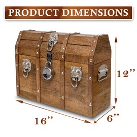 Vizayo Handmade Pirate Treasure Chest with Lock and Keys - 16 x 12 Inch Vintage Wooden Storage Trunk with Hinged Lid - Antique Storage Decorative Box Made of Strong and Durable Mango Wood (Brown)