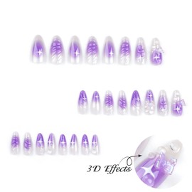 Almond Press on Nails Butterfly Fake Nails Purple Blush False Nails with 3D Butterfly Star Swirl Nail Design Glossy Glue on Nails Medium Length Y2K Nails for Women Girls Summer Nail Art Decorations