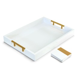 15.75" x 11.75" White Serving Tray with Gold Polished Metal Handles, Modern Decorative Ottoman Tray, Tea and Coffee Table Tray, Jewelry Bathroom Organizer, Gift, Wooden Tray, Gloss Finish