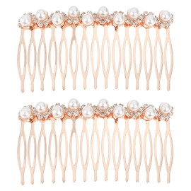 2 Pcs Wedding Pearl Hair Comb for Women, Bridal Rhinestone Decorative Hair Combs Hairpins Accessories Alloy Crystal French Hair Clips for Bridal Bridesmaids Wedding Party Daily (Rose Gold)