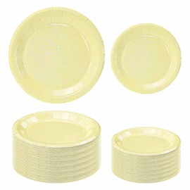 FALIZIFU 50 Pcs Iridescent Yellow Paper Plates 25 × 7'' and 25 × 9'' Disposable Yellow Shiny Holographic Foil Dinner Plates for Wedding Baby Shower Birthday Thanksgiving Party Glitter Dessert Plate