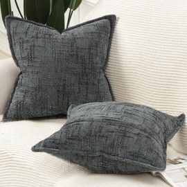 Madizz Set of 2 Chenille Decorative Cushion Covers, Soft Neutral Throw Cushions for Sofa, Boho Accent Decorative Cushion Covers for Bedroom, Living Room, Modern Home Decor, Dark Grey, 45 x 45 cm