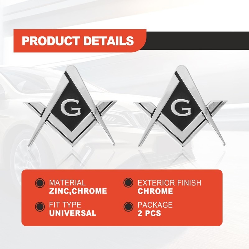 2 pcs Freemason Square and Compass Metal Decal Auto Emblem,