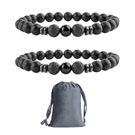 2 Pieces of Black Bead Bracelets, 1 Piece of Storage Bag, Black Beaded Bracelets, Men's Jewelry, Agate Lava Stone Bracelets, 8mm Stone Bead Bracelets, Black Bead Bracelets