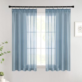 Woaboy Curtains with Ruffle Tape, Short Window Voile Curtains, Living Room, Transparent Sheer Curtains, Store Curtain, Bedroom Modern Loop Curtains, Set of 2, 140 x 145 cm (W x H), Navy Blue