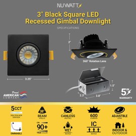 NUWATT 3 Inch LED Gimbal Recessed Lights Black Square, 5CCT 2700K/3000K/3500K/4000K/5000K Selectable 8W, 600 Lumens, IC Rated, Wet Rated, 120V, Dimmable, Canless Adjustable Recessed Lighting, 4 Pack