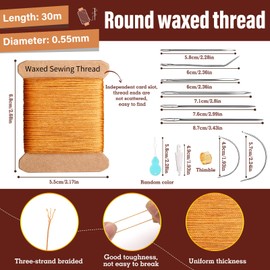 KAQRHFT Repair Sewing Kit, Upholstery Needle and Thread Kit with 32 Yard Waxed Thread and 8 Pcs Heavy Duty Leather Needles for Hand Stitching, Canvas & Quilting - 0.55mm Round Waxed Cord Coffee