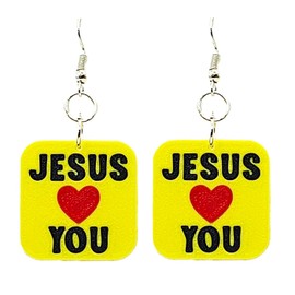 Jesus Loves You Earrings Silver Plated Fishhooks Yazzle Dazzle Handcrafted Yellow Black Red Textured Shiny Front
