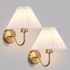 WYIXHOOG Gold Wall Sconces Sets of 2 Indoor Wall Light Fixtures with Pleated Fabric Shade Bathroom Vanity Sconces Wall Lighting Dresser Hardwired Wall Lamps for Bedroom Living Room Corridor Porch