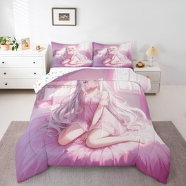 Erosebridal Queen Size Japanese Anime Comforter Set for Kids, Anime Girl Bedding Set Kawaii Japanese Style Quilt Cartoon Japan Animation Duvet Insert for Boys Teens Adult Women Bedroom, Pink