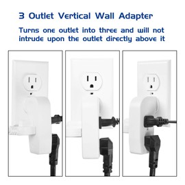 3 Way Vertical Outlet Wall Tap Outlet Splitter Extender with 3 Prong Plug for Behind Furniture, Turn One Outlet Into Three, 1 Outlet on One Side and 2 on the Other, White, ETL Listed, 2Pack