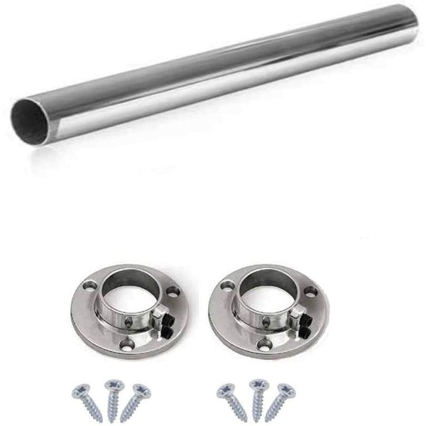 Round Rail 25mm Wardrobe Polished Chrome Hanging Tube Cut to Size + END SUPPORTS and SCREWS (400mm (0.4m) ~15.7″)