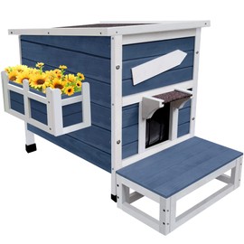 HiCaptain Cat House for Outdoor Cats, Cute Outdoor Feral Cat House, Weatherproof Wooden Stray Cat Shelter with Escape Door, Flower Stand and Balcony-Navy Blue