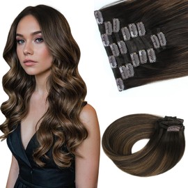 Sassina Clip in Straight Human Hair Extensions Chestnut Brown to Dark Brown Natural Remy Human Hair Extensions 16 Inch Double Weft Clip ins Extensions 8 Pcs 120 Grams #R2-6/2
